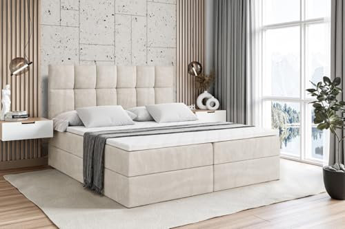 ALTDECOR Boxspringbett mit Matratze und Lattenrost, Boxbett, Topper, Polsterbett mit Bettkasten, Bett mit Stauraum H3-Matratze, Doppelbett, Springboxbett - RICAR - 160x200 Beige Samt