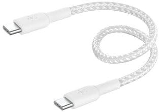 Belkin BoostCharge (0.5ft) Braided USB-C to USB-C Cable for iPhone 16, iPhone 16 Pro, iPhone 16 Pro Max, iPhone 16 Plus, iPhone 15, Galaxy S24, S23, Note10, Pixel 9, Pixel 8, iPad Pro & More - White