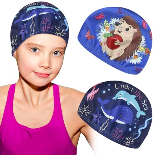 EAVUYIS Gorros de Natación,Gorros de Piscina para Niño, Paquete de 2 Gorros de natación para niños Gorros de natación elásticos,para niños de 1 a 8 años y niñas