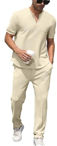 DONYKARRY 2-Teilige Herren Jogging Anzug Trainingsanzug Sportanzug Aus Baumwolle Fitnessraum Kurzarm Oben+ Hose Tracksuit Atmungsaktiv Hausanzug Set(Aprikose,XXL)