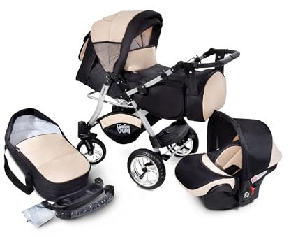 GaGaDumi Urbano Kinderwagen 3 in 1 Komplettset Mit Autositz - TÜV-Geprüfter Kombikinderwagen Mit Voll-Gummireifen - Beige Schwarz