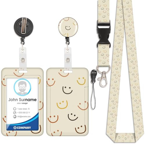 Porte-Cartes Smiley Lanyard, Badge D'Identification, Porte-Cartes Lanyard, Cordon Détachable avec Pince Rétractable pour Porte-CléS, Carte de Visite, Carte de Porte, Carte D'Identité.