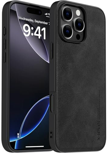 X-level Cover CompatiBile con iPhone 16 Pro, Custodia in Pelle PU Sottile Cover Antiurto con AntiGraffio Protettiva Case per iPhone 16 Pro, Nero