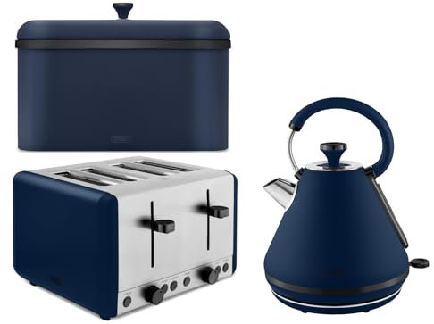Tower Sera 1.7L 3KW Pyramid Kettle, 4 Slice Toaster & Breadbin in Midnight Blue with Smoked Black Trim. Contemporary Matching Tower Kitchen Set in Midnight Blue
