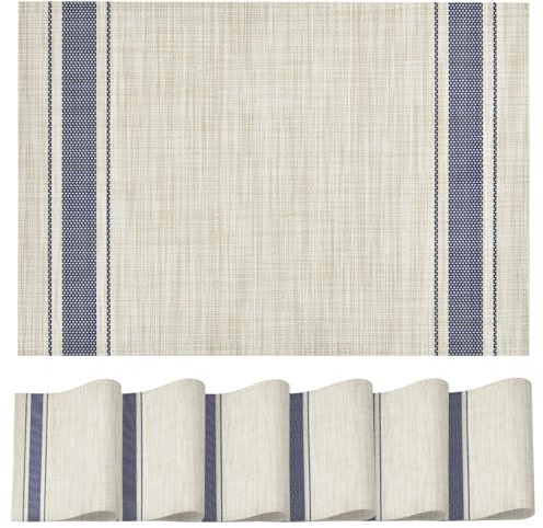 Artoid Mode Blau Zwei Streifen PVC Platzsets 6er Set, 30x45cm Tischsets Waschbar Schmutzabweisend Hitzebeständig Platzdeckchen Küche Deko