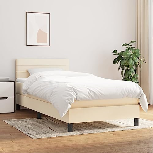 LAPOOH Boxspringbett mit Matratze Creme 100x200 cm Stoff, Bett, Bed Frame, Familienbett, Bettrahmen, Bett Gestell, Bett Rahmengestell, Schlafzimmer Bett - 3140118