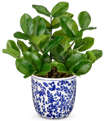 Briful Faux Plants Indoor 11.8in Fake ZZ Silk Plant in Blue and White Ceramic Pot Realistic Artificial Tropical Plant for Home Office Room Kitchen Shelf Decor
