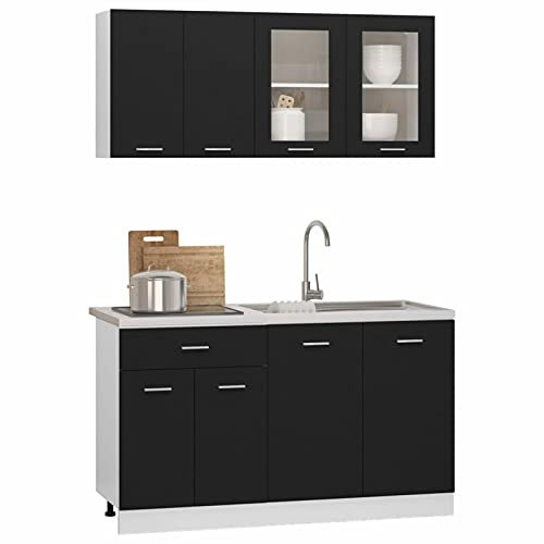 4-teiliges Küchen-Glasschrank-Set mit Ablage, Mikrowellen-Schublade, Spüle, Geschirrspülerschrank, Küchenzeile aus schwarzem Holzwerkstoff