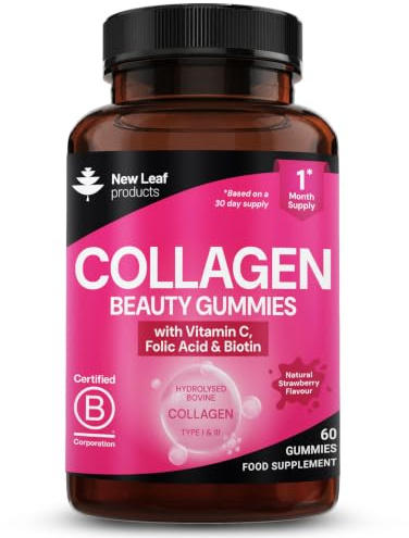 Collagen Gummies - High Strength Type l Bovine Collagen Beauty Supplement - Advanced Superior Type 1 Hydrolysed Collagen Peptides - Added Biotin, Vitamin C & Folic - 60 Gummies