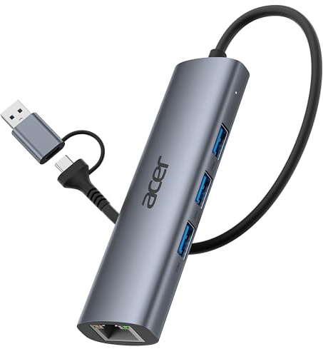 acer Hub Ethernet USB C/A, Adaptador con Puertos USB-A*3 5Gbps, 1000 Mbps LAN, Carcasa de Aluminio, Adaptador USB de Red para PC, Portátil, MacBook/iPad Pro, iPhone 17, macOS, Windows, etc.