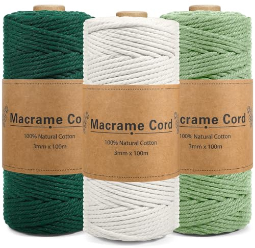 YGVQN Corda Macramè 3mm x 100m, Set 3 Filo di Cotone Naturale Verde Scuro, Verde Chiaro e Beige, Per Piante Sospese, Decorazione Boho, Natale, DIY Artigianato e Regali Fatti a Mano