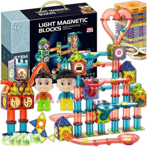 KRUMAD Magnetische Bausteine 150 Teile - Magnetspielzeug mit Licht & Kugelbahn für Kinder ab 3 Jahren - Magnetkonstruktion, Leuchtende Elemente & Lernaufkleber - Kreatives Geschenk für Kinder