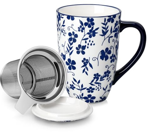 vancasso Selene 540 ml Ceramic Tea Mug with Removable Infuser and Lid | Vintage Blue-and-White Loose Leaf Cup, Microwave & Dishwasher Safe, Perfect for Tea, Coffee, Five-Leaf Clover