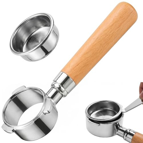 Bottomless Portafilter 51 mm for DeLonghi Dedica EC680 EC685 EC885 SMEG Coffee Machine, 3 Ears Stainless Steel Filter Holder with Premium Wooden Handle, with Reusable Filter Basket and Espresso Puck