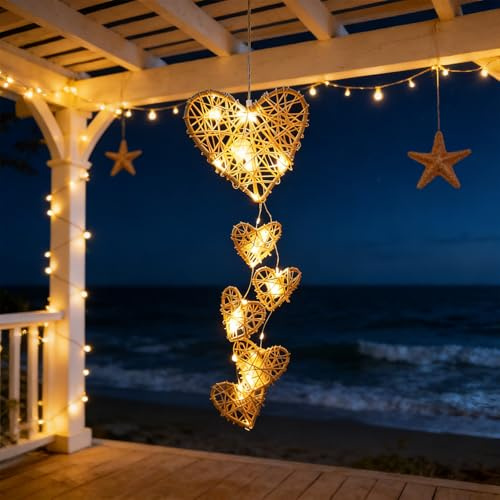 ZeiLaBang Kakadi Ramadan Deko Lichterkette,Herz Lichterkette mit 6 Beleuchteten Rattan Herzen,LED Deko Hänger Batteriebetrieben in Weiß,Warmweiß herz Dekoration für Wanddeko,Hängedeko,Weihnachten