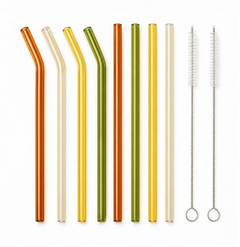 Tayahanude 10 Stück Glasstrohhalme Strohhalme Satz, Wiederverwendbare Strohhalme Glas mit 2 x Strohhalm Bürste bunt Trinkhalme Glas mit Strohhalm(Size 20 cm)