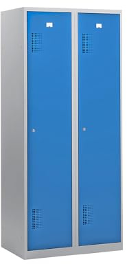 eurokraft | Spind | lichtgrau RAL 7035 | Stahl | Flache Dachform | 2 Abteile, lichtgrau / lichtblau, Breite 800 mm, Zylinderschloss