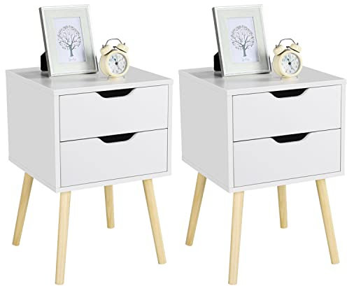 Yaheetech 2 x Tables de Chevet avec 2 Tiroirs Tables de Nuit Scandinave Pieds en Bois de Pin 40 x 40 x 61 cm Table d'Appoint Blanche