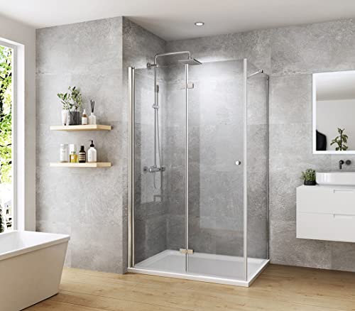 Heilmetz Duschkabine 80x90 cm Duschkabine Eckeinstieg Falttür Duschabtrennung Eckeinstieg Rahmenlos Duschtür mit Seitenwand Komplettdusche aus 6mm ESG Sicherheitsglas Höhe 185cm