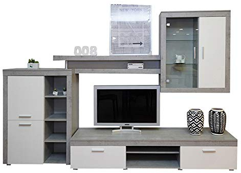 Dmora Wohnzimmerwandsystem, TV-Schrank, Regale und Vitrine, Komplettes modernes Wohnzimmer, Made in Italy, 293x50h144 cm, Weiß und Zementfarbe