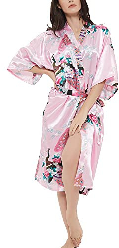 Roobees Women's Satin Rose Print Kimono Robe Premium Peacock Bridesmaid Bridal Dressing Gown Sleepwear Nightwear