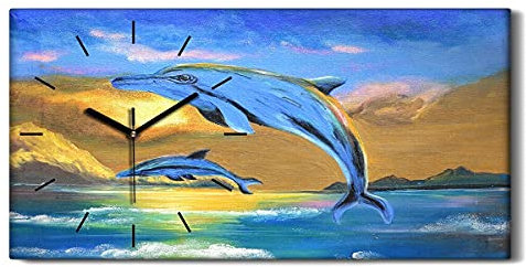 Coloray Uhr auf Leinwand - Schwarze Hände - Wand Uhr Ohne Tickendes Geräusc Dekoration Kunst Wohnzimmer Segeltuch - Abstract Lake Delphins Sky Sun