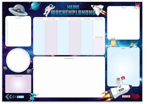 ZADAWERK® Schreibtischunterlage XXL - DIN A2 - Astronaut - 25 Blatt - Wochenübersicht - To-dos - Notizen - Rechts Links - Ideen und Pläne aufzeichnen