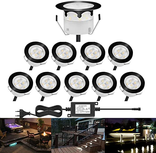 CHNXU 10 Spot LED Eclairage Extérieur Encastrable Sol Terrasse Bois,45mm Spots Encastré Extérieur Fait en IP67 DC12V 1W Avec Alimentation EU Pour Jardin Escalier Patio Blanc Froid(Noir)