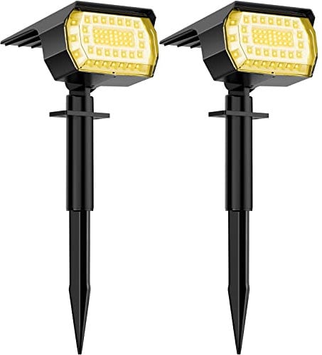 WELALO Solarstrahler für Außen, 57 LED 3000K Solarlampen für Außen Garten, 3 Helligkeit Einstellbar Solarleuchten, IP65 Wasserdicht Solar Gartenleuchte für Hof Garten Garage Weg (Warmweiß, 2er Pack)