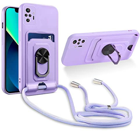 Aithne Handykette Hülle kompatibel mit Xiaomi Redmi Note 10 Pro/Note 10 Pro Max, 360 Grad Ringhalter Stand [Kartenfach] mit Kordel zum Umhängen Silikon Schutzhülle - Lila