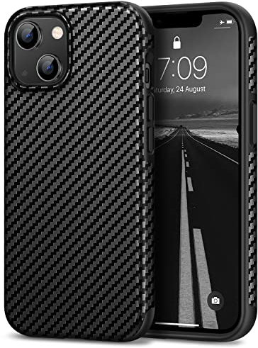 Tasikar Compatible with iPhone 14 Case, Carbon Fiber Leather Texture with TPU Bumper Slim Protective Cover Case, Black