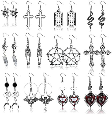 JeweBella 12 Paare Gothic Ohrringe für Damen - Punk Vintage Grunge Set Mit Boho Schlange Kreuz Skelett Herz Anhänger - Edelstahl Stern Mond Rock Halloween Schmuck
