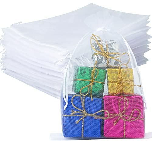 G2PLUS Weiß Organzasäckchen Groß, 17x23cm Hochzeit Geschenk Organzabeutel, 50 Stück Organza-Beutelchen mit Kordelzug Sie als Hochzeit Bonbonsbeutel, Schmuckbeutel, Geschenkbeutel