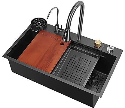 Fregadero de Cocina con rebosadero, Fregadero sobre Encimera,Fregadero Cocina,fregadero bajo encimera,Mueble Pila Lavadero,fregadero negro, Con Grifo Extraíble Y Lavadora De Taza Lanzamiento ( Color :