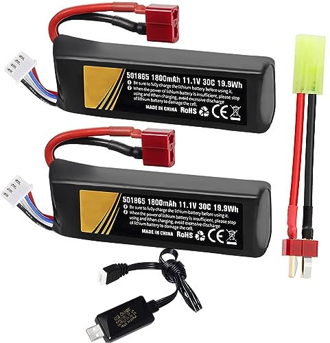 Batterie 1800mAh 30C 11.1v lipo Airsoft Connecteur en T avec Chargeur USB Prise T vers câble Mini Tamiya Compatible avec Airsoft Gel Piles Rechargeables pour Blaster à Perles d'eau Accessoires 2 Pcs