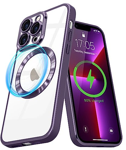 Pepmune Cover Magnetica per iPhone 13 Pro Custodia Compatibile con Magsafe Trasparente Placcatura Disegno Copri Fotocamera Antiurto Case Sottile Anti Ingiallimento Cover per iPhone 13 Pro Viola