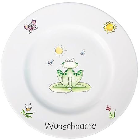 Doriantrade Frühstücksteller Kinderteller Teller Porzellan personalisierbar mit Wunschname Name Kindergeschirr mit Namen personalisiert (Frosch)
