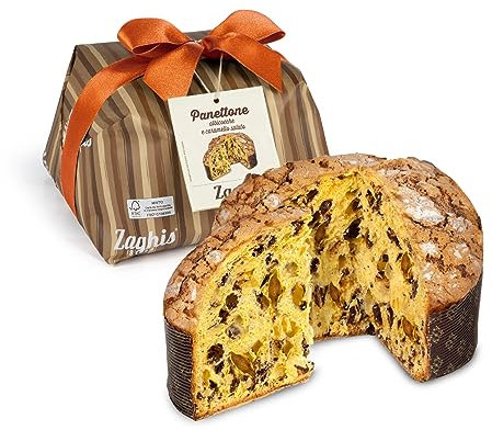 Panettone Caramello Salato e Morbida Albicocca Candita Zaghis 750gr Glassato con Amaretto, Bastoncini di Mandorla e spolverato con Zucchero a Velo