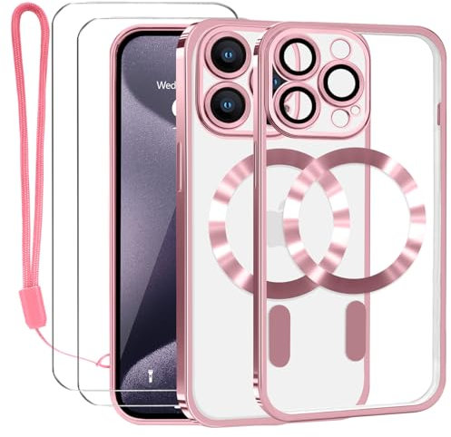 Lafunda Cover Trasparente per iPhone 15 Pro, Custodia Compatibile con MagSafe con Protezione Fotocamera e 2 Pezzi di Vetro Temperato, Magnetica Clear Case con Cordino per iPhone 15 Pro Oro Rosa