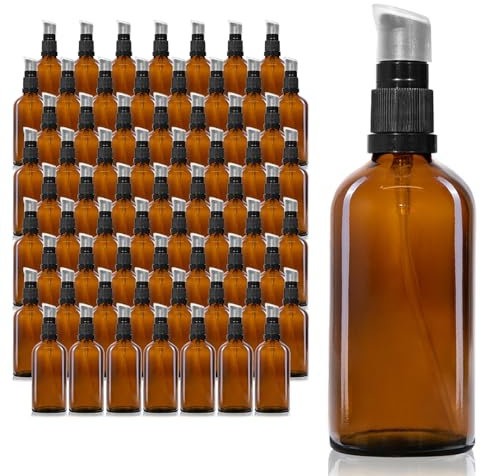 Oputec 68 x 100 ml Reise-Pumpspender Pumpflaschen aus Braunglas: Großpackung kleine Mini Flaschen Cremespender Lotionspender zum Befüllen