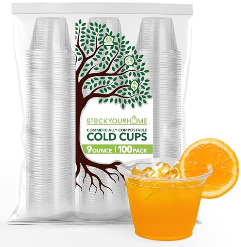 Stock Your Home 9 oz Clear Compostable Cold Cups (100 Pack) Plant Based Biodegradable No Plastic Eco Party Cup, Environmentally Friendly Recyclable Disposable Sustainable for Water, Wine & Beer Sample