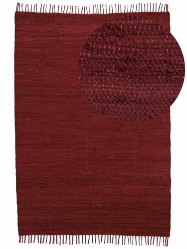carpetfine Flickenteppich Kelim Chindi Uni Violett 140x200 cm, handgewebt | Fleckerlteppich aus Baumwolle für Wohnzimmermit Fransen