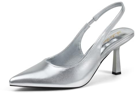Zhabtuc Women's Slingback Kitten Heel,3 inch Sexy Pointed Closed Toe Stilettos Pumps Slip on Elastic Strap Wedding Party Dress Sandals Shoes, Silver, 6 UK