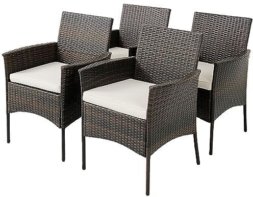 TANGZON Outdoor Rattan Dining Chairs, Set of 4 Patio Wicker Sofa with Soft Cushions, Backrest & Armrest, All-Weather PE Wicker Garden Armchairs for Garden, Backyard, Balcony