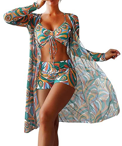 XUEJIANN wasserdichte Uhr Herren 2022 Sexy 3-teiliger Bikini-Set vertuschen Badeanzug für Frauen Langarm-Push-Up-Badebekleidung Beach Wear-Badeanzug Tops Herren Jugendlich (D, S)