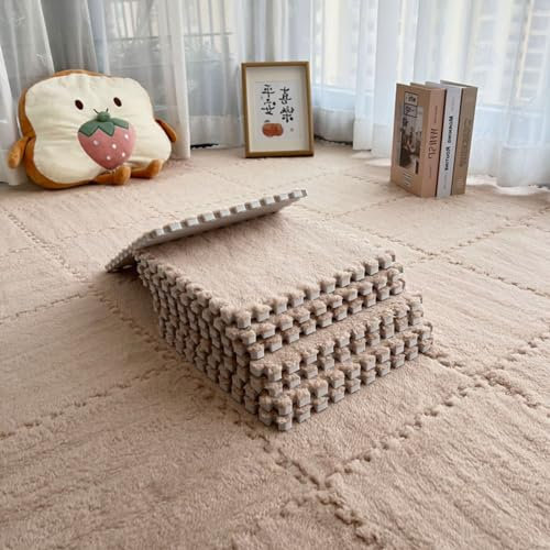 12 Stück Ineinandergreifende Schaumstoffmatten,Plüsch-Teppich,Flauschige Schaumstofffliesen,Weiche Und Bequeme Spielmatte Puzzle-Bodenmatte Für Spielzimmer(Size:30x30cm,Color:Hellbraun)