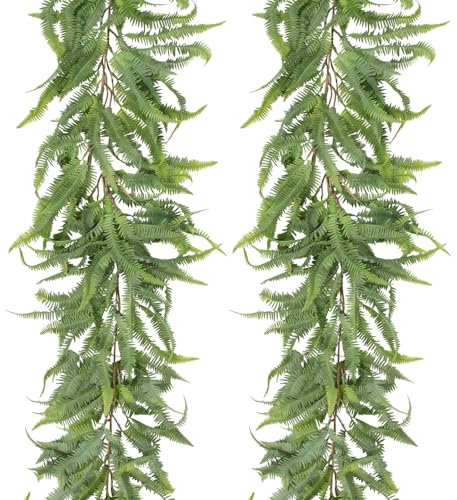 Arborus 2PCS Artificial Fern Leaf Garland 5FT Fake Boston Fern Vines Garlands Realistic Foliage Garlands Faux Hanging Plants Greenery Garland for Wedding Home Farmhouse Fireplace Indoor Decoration