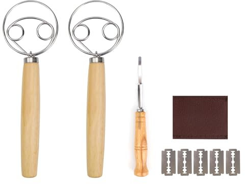 LWLWA 2 Pieces Small Whisk, 24 cm Danish Dough Whisk, Oak Wood Handle Danish Whisk, Double Circle Stainless Steel Whisk, with Bakers Cutter and Blade, for Mixing Flour and Eggs