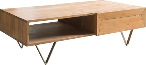 DELIFE Wohnzimmertisch Kayu Akazie Natur 115x60 cm 2 Schübe V-Fuß Edelstahl | Couchtisch