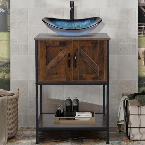 ARTETHYS Bathroom Sink Cabinet, Bathroom Vanity Units with Basin, 60cm Rustic Brown Cloakroom Cabinet Free Standing with Cloakroom Blue Glass Vessel Sink
